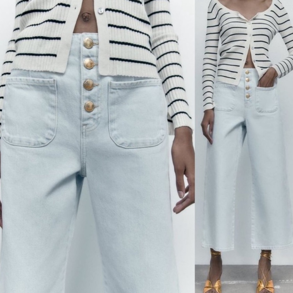 Zara High Waist Wide Leg Cropped Denim Jeans with Buttons